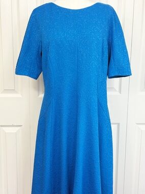 London Style Collection Blue Etched Floral Damask Fit & Flare Dress 16